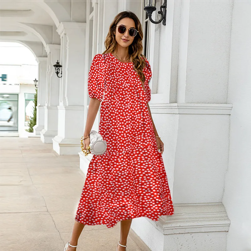 2025 Summer New Women's Print Dress Puff Short Sleeves Ruffles Loose A-line Midi Dresses Fashion Casual Beach Vacation Vestidos 12 undefined