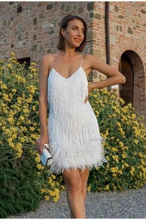 Sequin Fringe Spaghetti Strap Feather Trim V-Neck Mini Dress