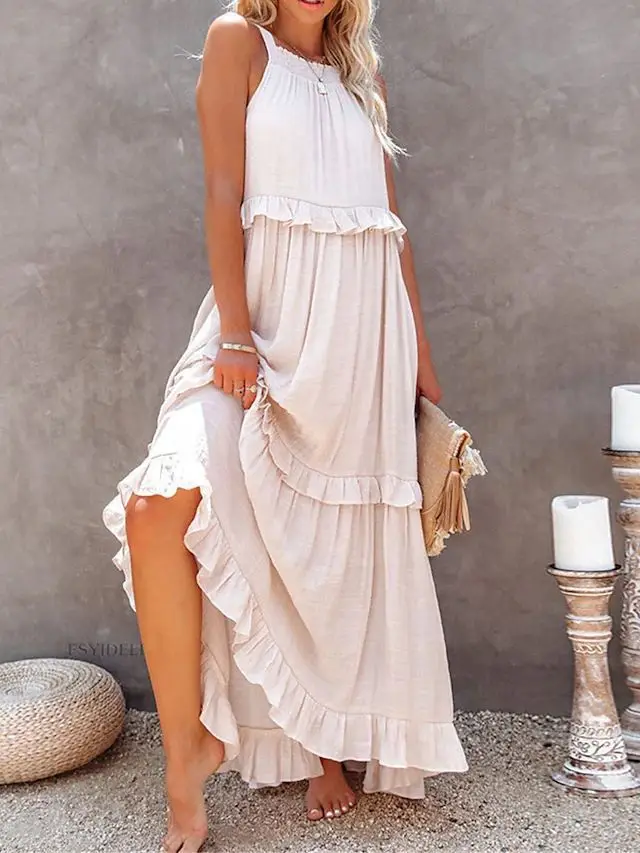 Summer Vacation Style Halter Neck Long Dresses Women Fashion Backless Leace-up Loose Ruffles Beach Dress Elegant Ladies Vestidos 25 Summer Vacation Style Halter Neck Long Dresses Women Fashion Backless Leace-up Loose Ruffles Beach Dress Elegant Ladies Vestidos