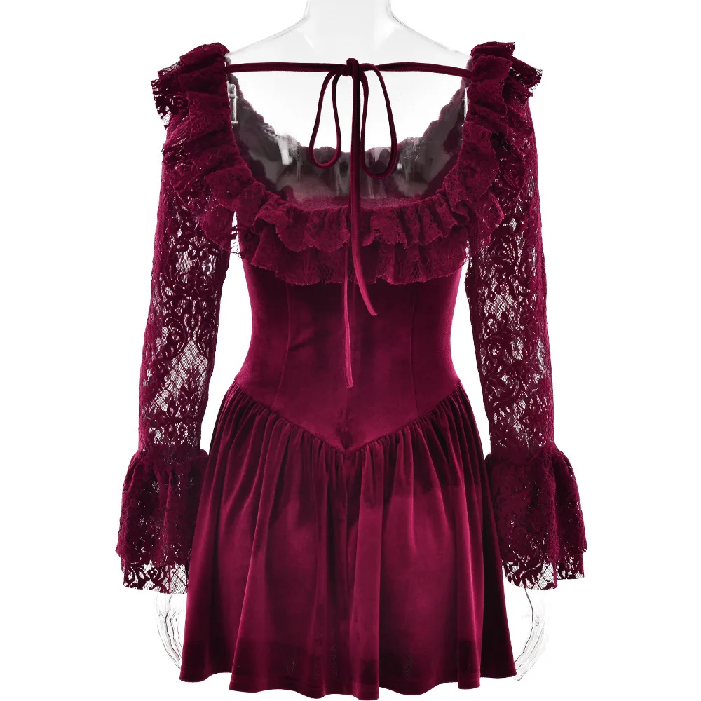 Ootddress Elegant Long Sleeve Lace Patchwork Tight Dress Women Sexy Trumpet Sleeves Slim Skirt Autumn/Winter New 2025 Vestido