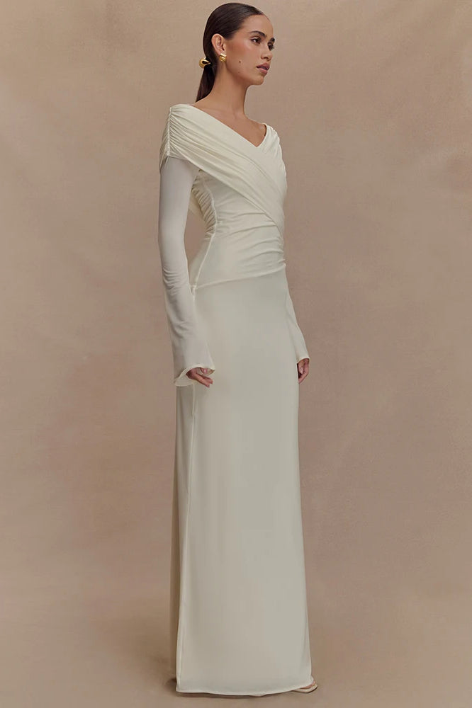 Off Shoulder Ruched Wrap Long Sleeve Column Maxi Dress