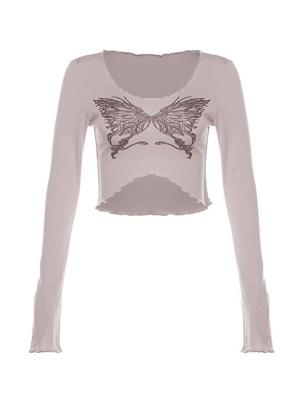 Butterfly Print Fungus Crop Long Sleeve Tee