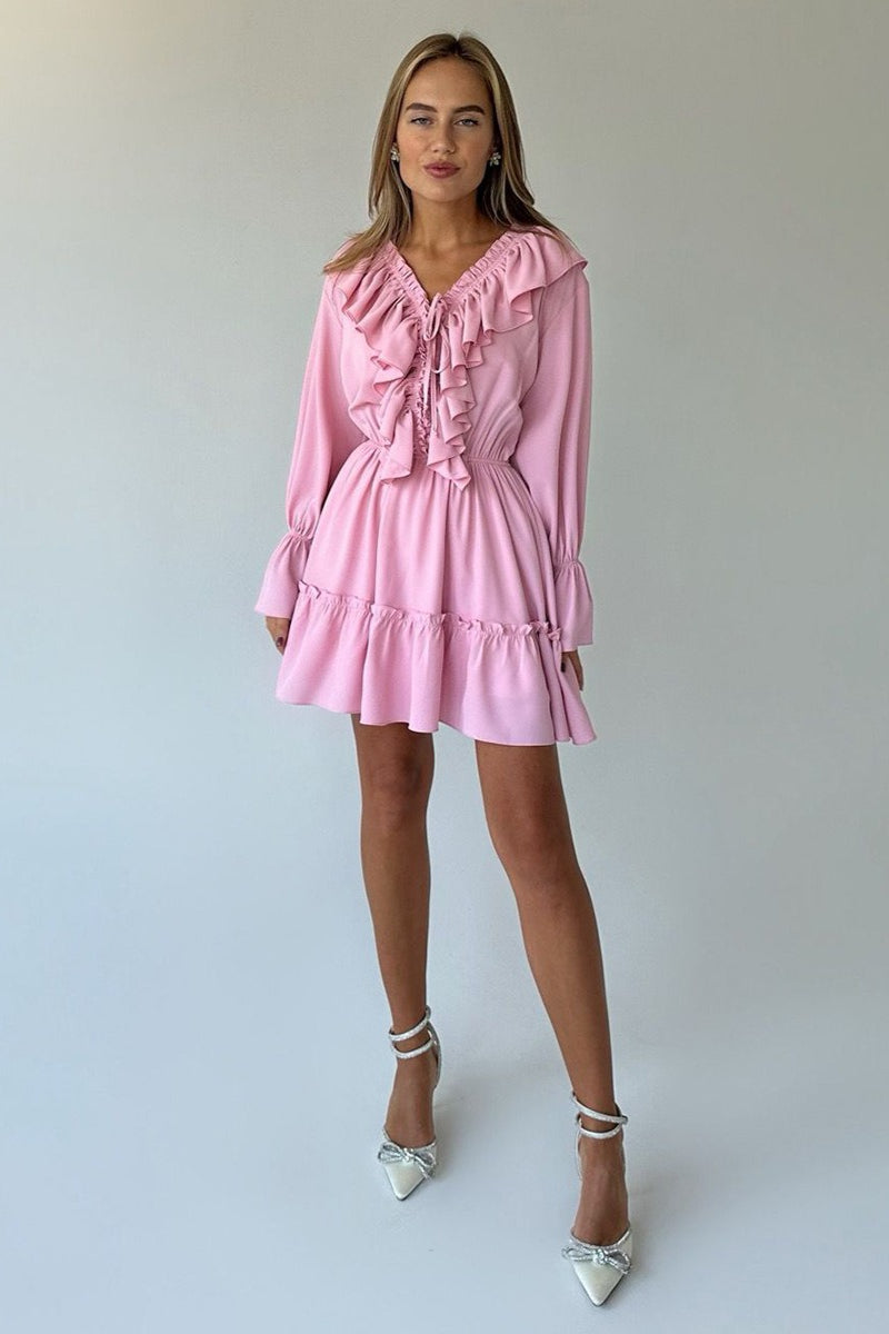 V-Neck Lace-Up Ruffle Trim Balloon Sleeve Mini Dress