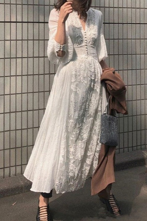 Floral Embroidered V-Neck Button Front Puff Sleeve Maxi Dress