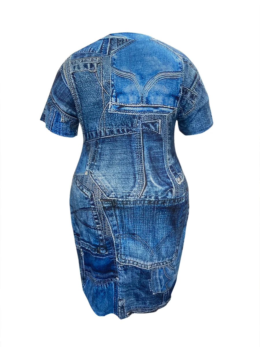 Plus Size Imitation Denim V Neck Pocket Design Dress Women's T-Shirt Summer Loose Dress Vestidos 8 Plus Size Imitation Denim V Neck Pocket Design Dress Women's T-Shirt Summer Loose Dress Vestidos