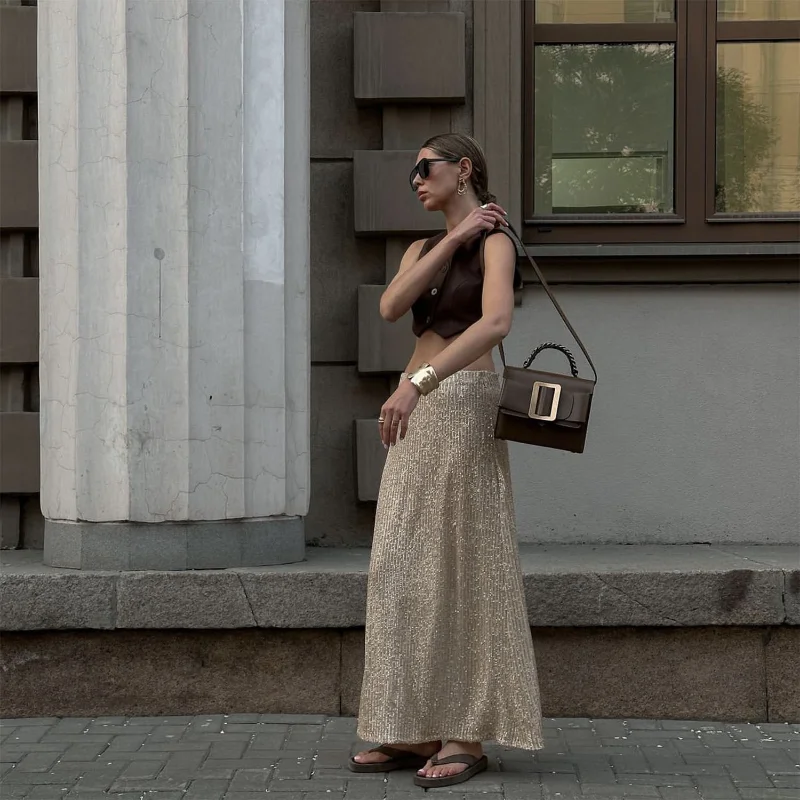 Ootddress Sequins Loose Dress Sets Women Long Sleeve Crop Tops High Waist Sexy Maxi Skirts Ladies Two Piece Suits Womens Outifits