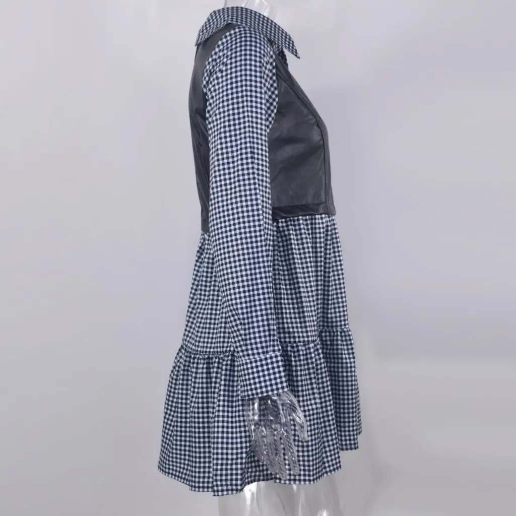 Plaid Shirt Casual Vestidos Long Sleeve White Short Dress For Women Summer PU Leather Patchwork Sweet Office Ladies Mini Dresses