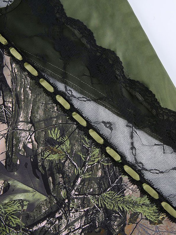 Irregular Print Lace Splice Tie Back Mini Dress