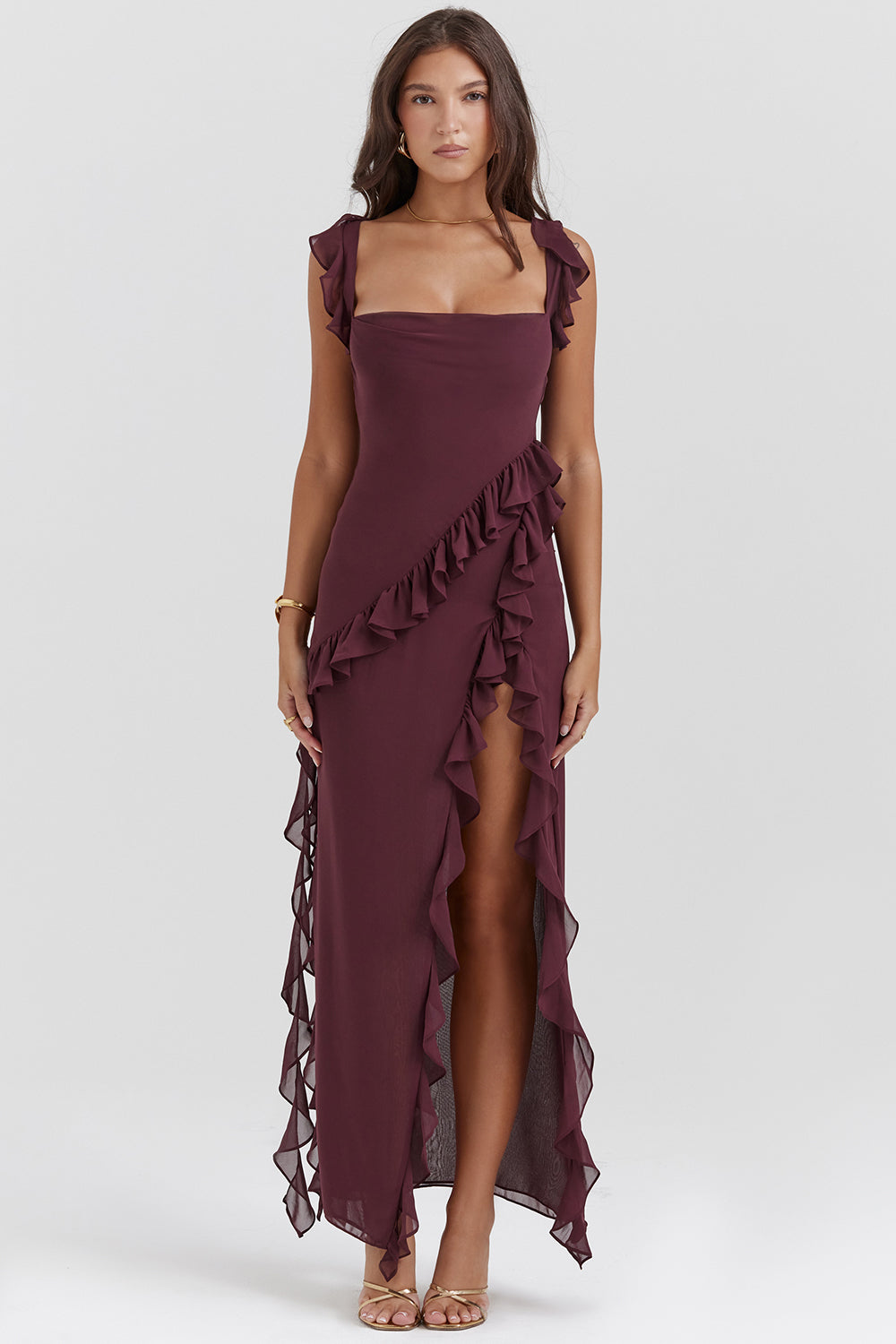Square Neck Cap Sleeve Cascading Ruffle Trim High Slit Maxi Gown
