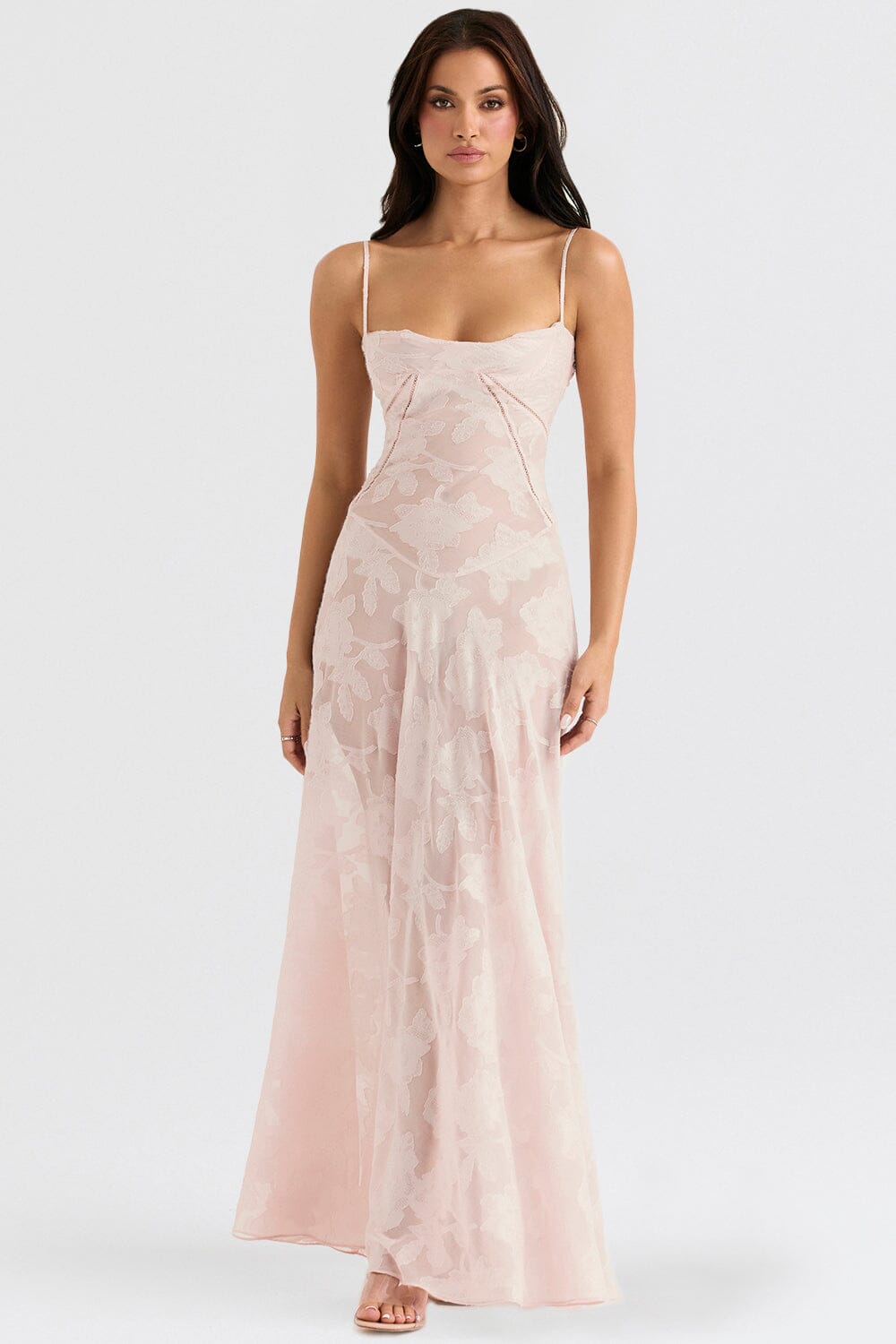 Floral Jacquard Spaghetti Strap Lace Up Corset Back Fit and Flare Maxi Dress