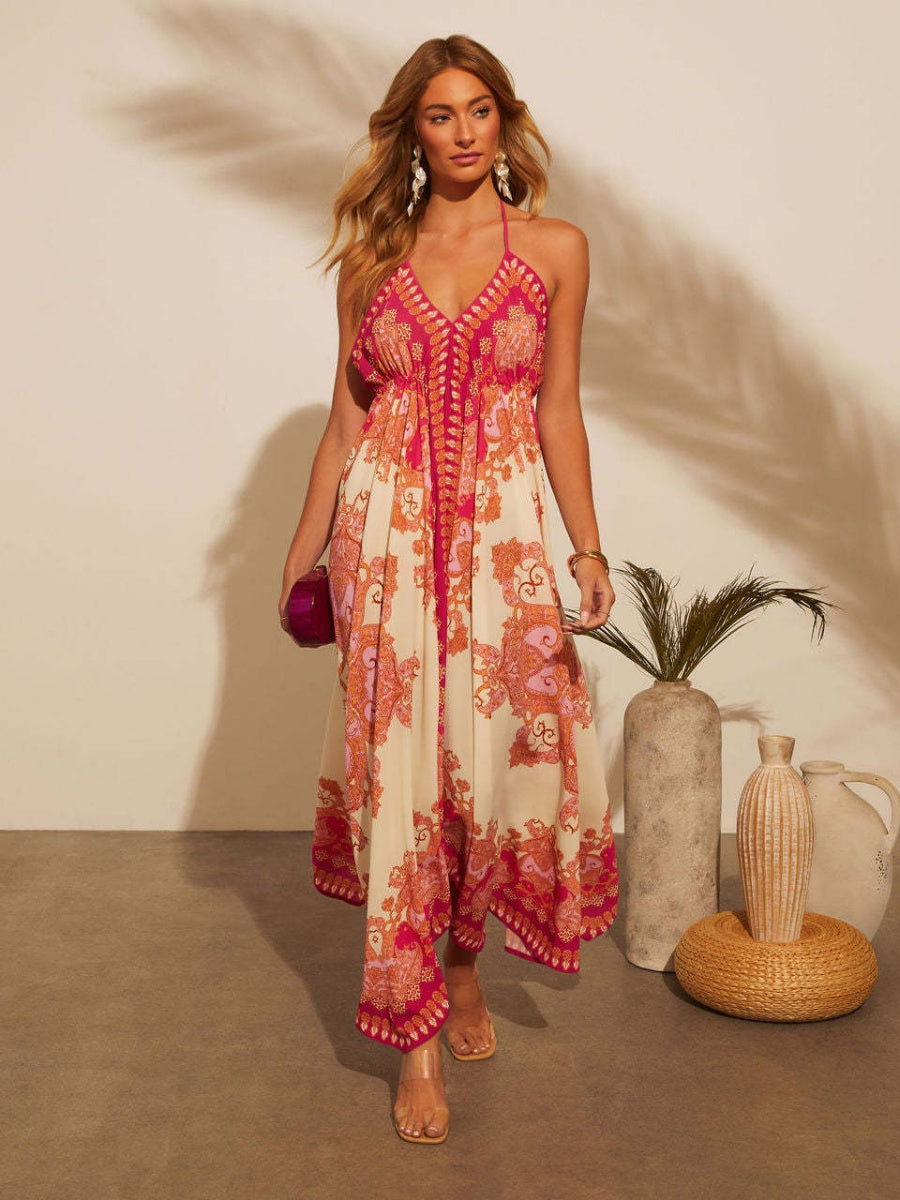 Ethnic-style Printed Off-shoulder V-neck Spaghetti Strap Long Dress