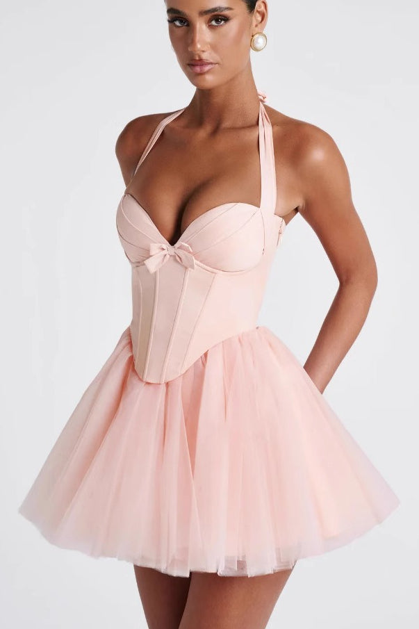 Boned Halter Lace Tie Waist Tulle Overlay Mini Dress