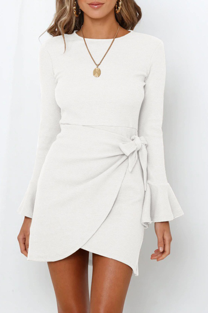 Rib Knit Crew Neck Bell Cuff Wrap Tie Tulip Hem Mini Dress