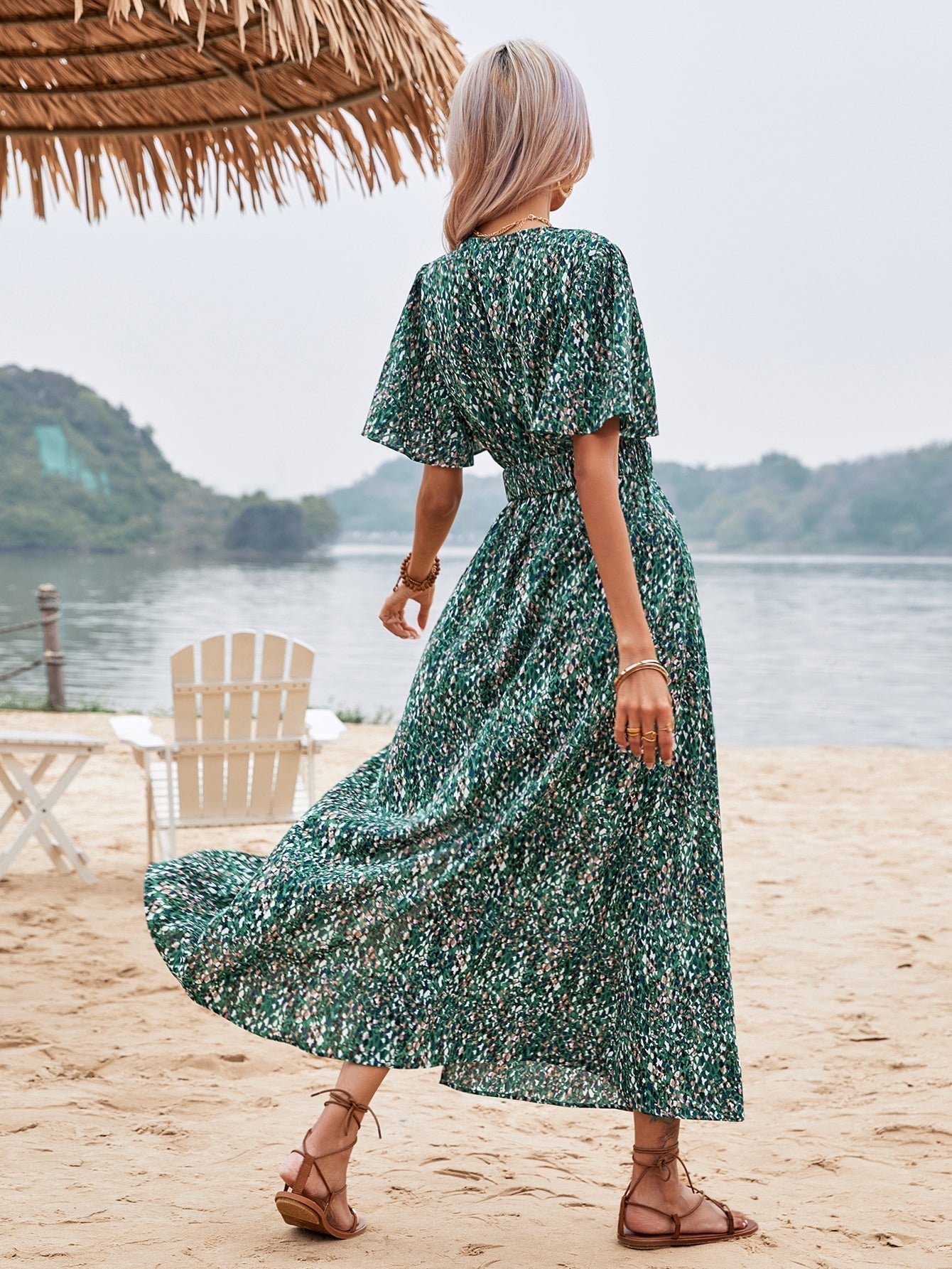 Print Wrap Flutter Sleeve Belted High Slit Maxi Dress