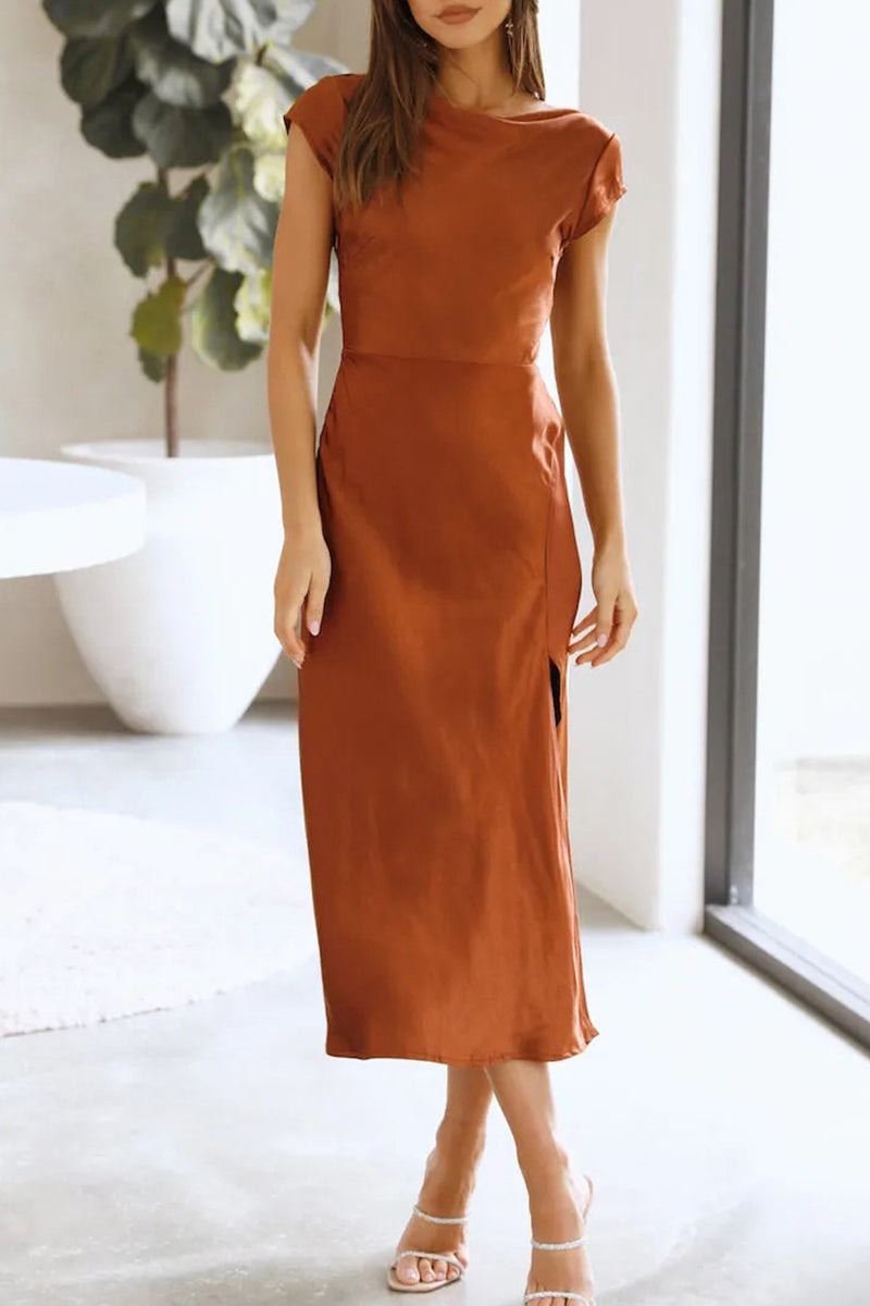 Satin Boat Neck Cap Sleeve Bias Cut Midi Dress