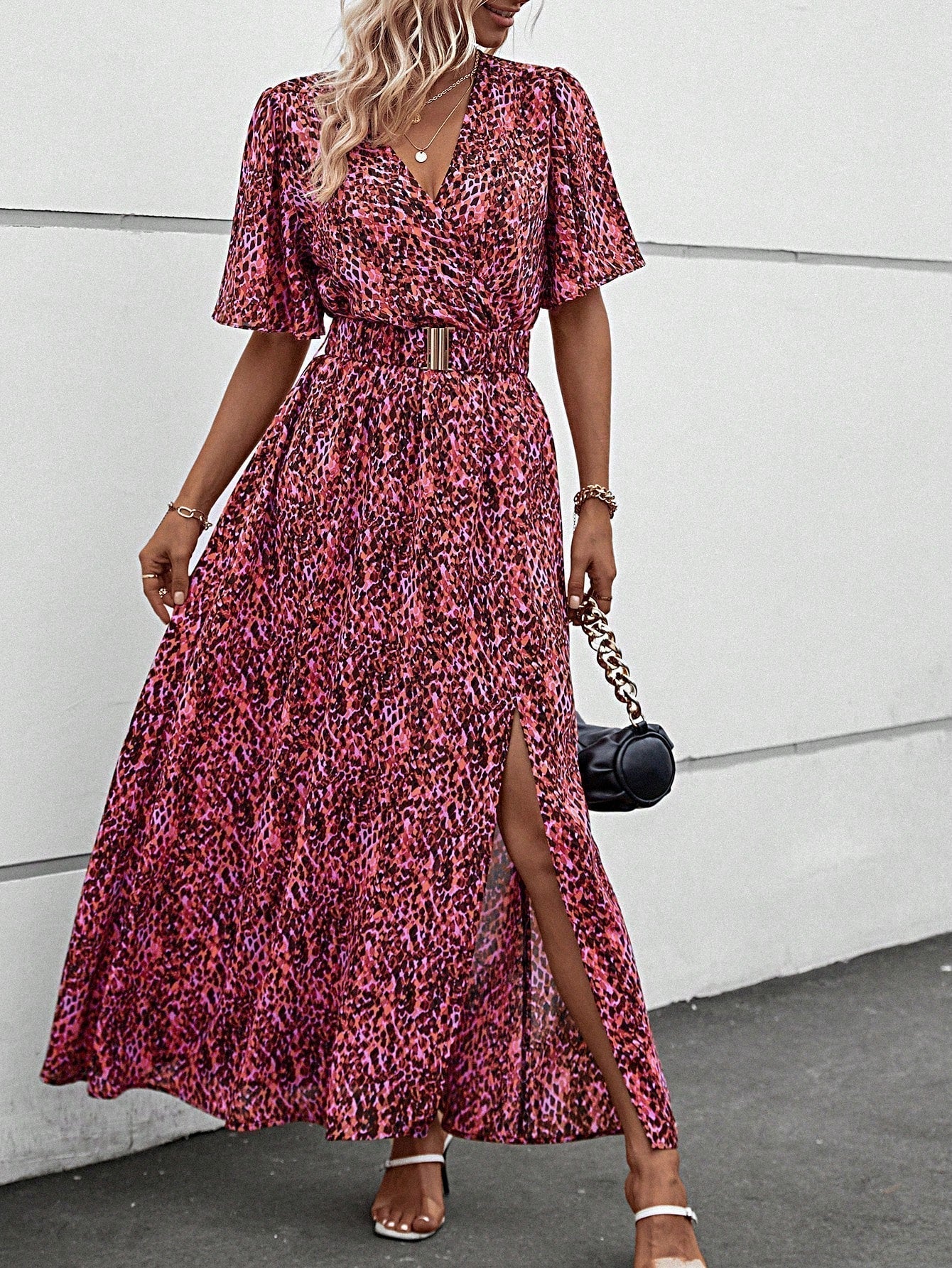 Print Wrap Flutter Sleeve Belted High Slit Maxi Dress