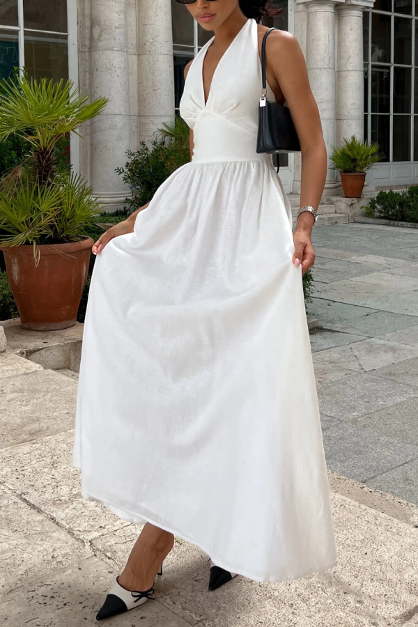 Solid Color Halter Neck Tie Elegant Backless Waist-cinching Maxi Dress