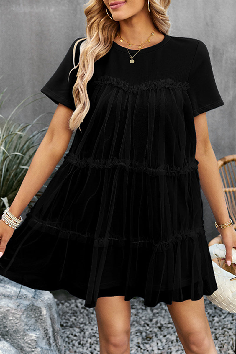 Crew Neck Short Sleeve Tiered Tulle Overlay Babydoll Mini Dress