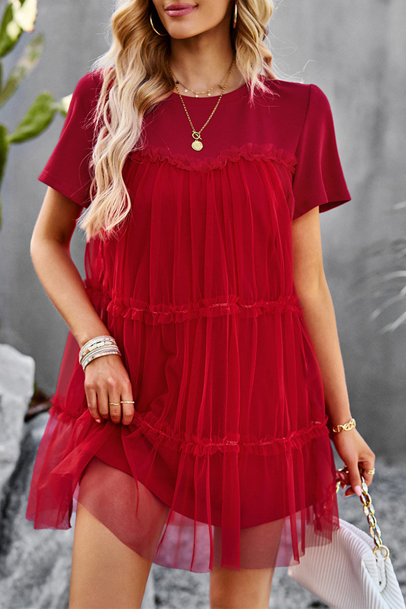 Crew Neck Short Sleeve Tiered Tulle Overlay Babydoll Mini Dress