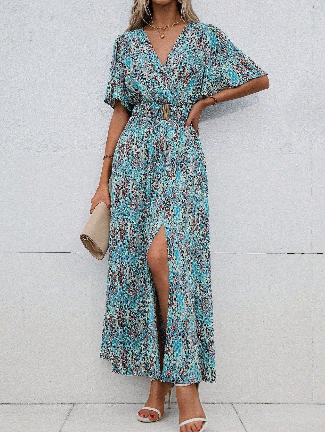 Print Wrap Flutter Sleeve Belted High Slit Maxi Dress