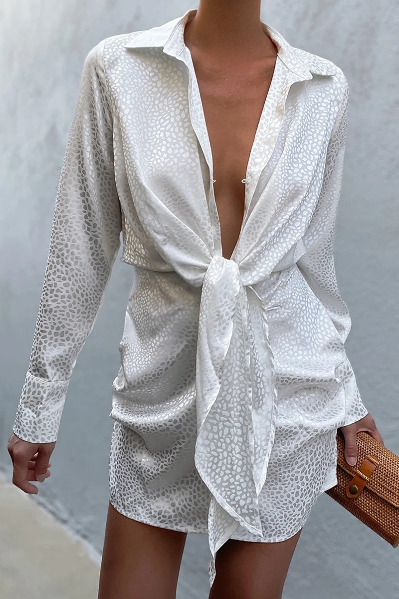 Print Jacquard Shirt Collar Tie Front Long Sleeve Mini Dress