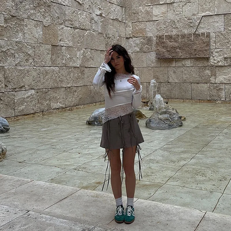 Ootddress Lace Patchwork See-Through Crop top For Women Fashion Sexy Long Sleeve Slim Patchwork Cropped Y2k Top Female Clothes Tee