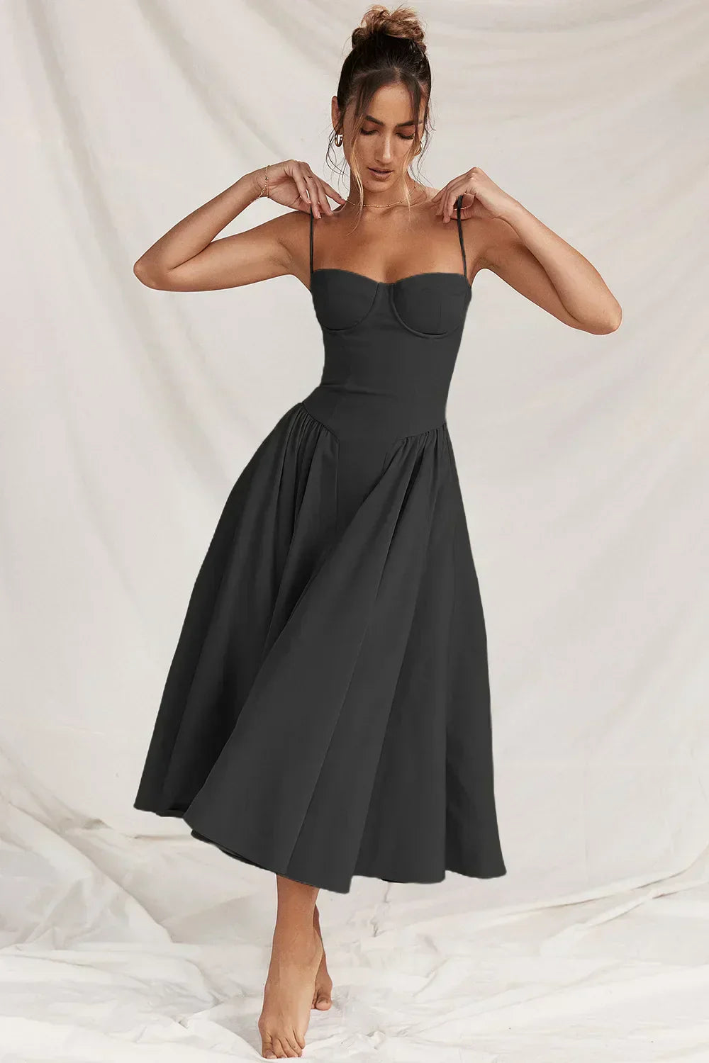 Bustier Sweetheart Spaghetti Strap Drop Waist Fit and Flare Midi Dress
