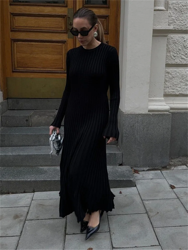 Ootddress Black Autumn Knitwear Maxi Dress Women's Ribbed Loose Patchwork Fashion High Waist Solid Dress Femal Bodycon Knit Dress
