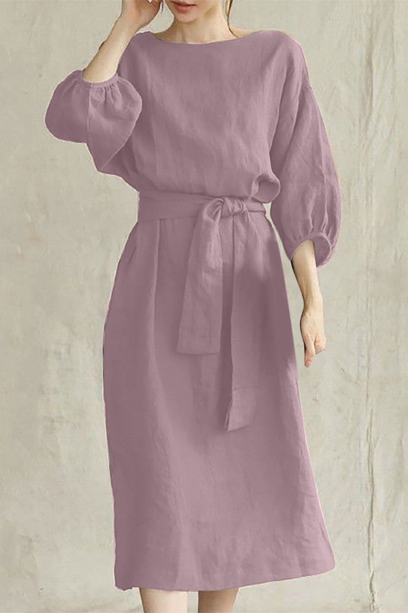 Boat Neck Lantern Sleeve Tie Waist Midi Dress