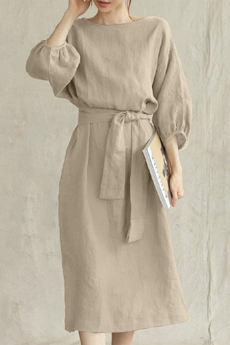 Boat Neck Lantern Sleeve Tie Waist Midi Dress