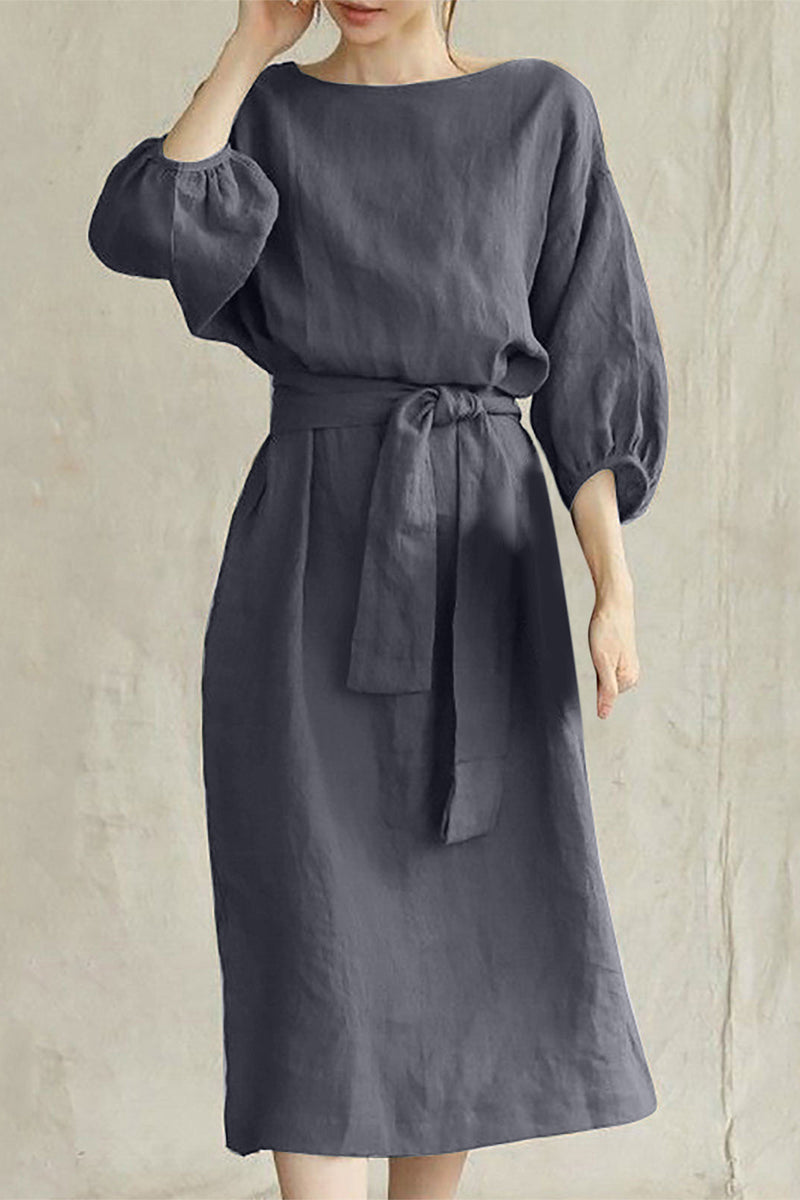 Boat Neck Lantern Sleeve Tie Waist Midi Dress