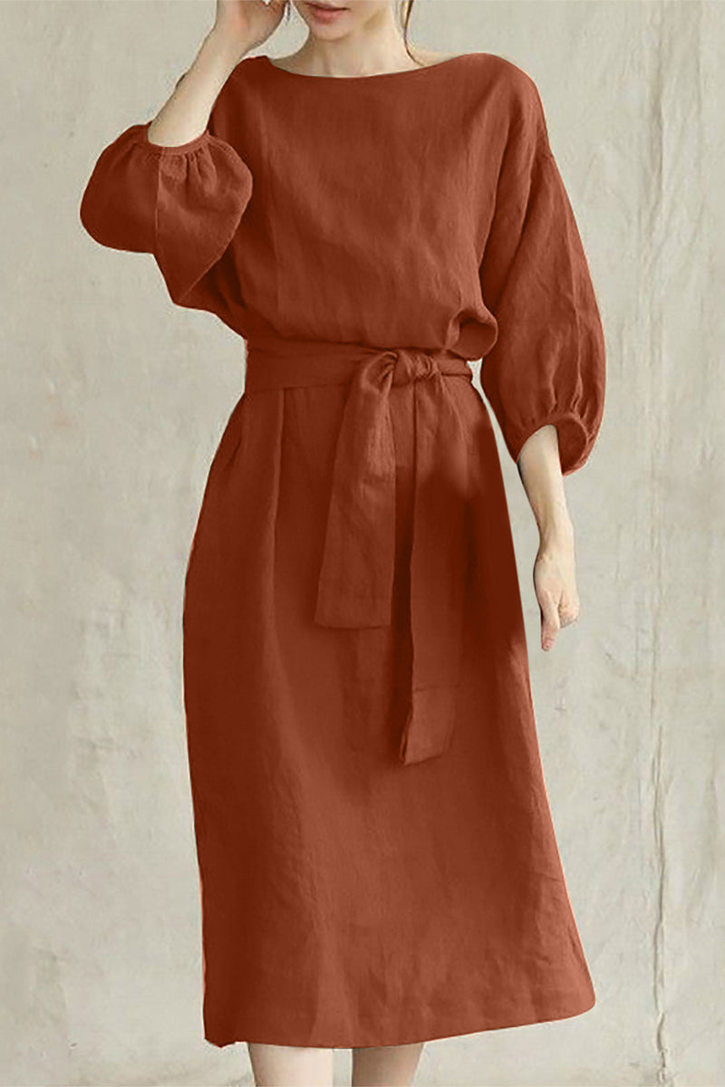 Boat Neck Lantern Sleeve Tie Waist Midi Dress
