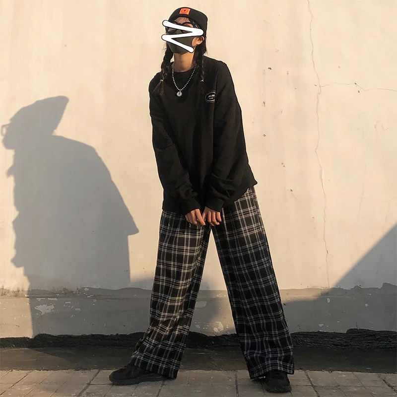 Oversize Pants Women Sweatpants Summer Fashion Black Plaid Casual Pants Elastic Waist Casual Pockets Student Unisex Trousers 13 Oversize Pants Women Sweatpants Summer Fashion Black Plaid Casual Pants Elastic Waist Casual Pockets Student Unisex Trousers