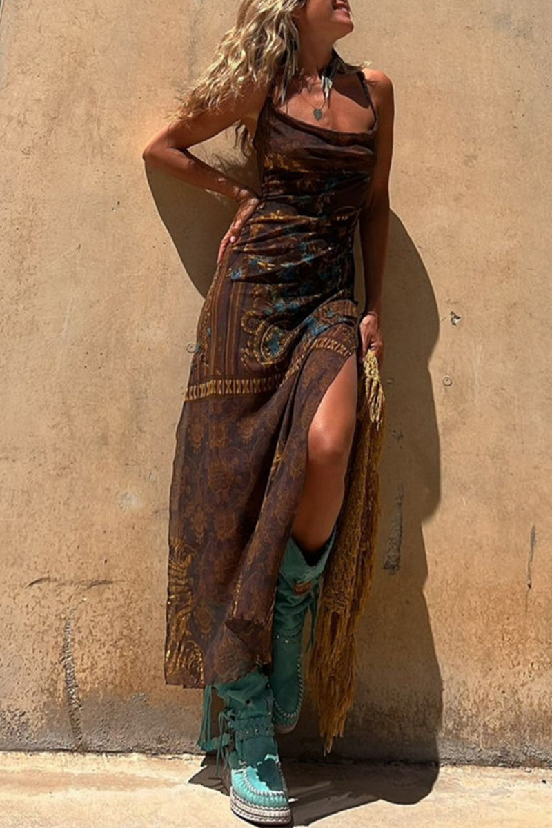 Patchwork Geometric Print Spaghetti Strap Bodycon Maxi Dress