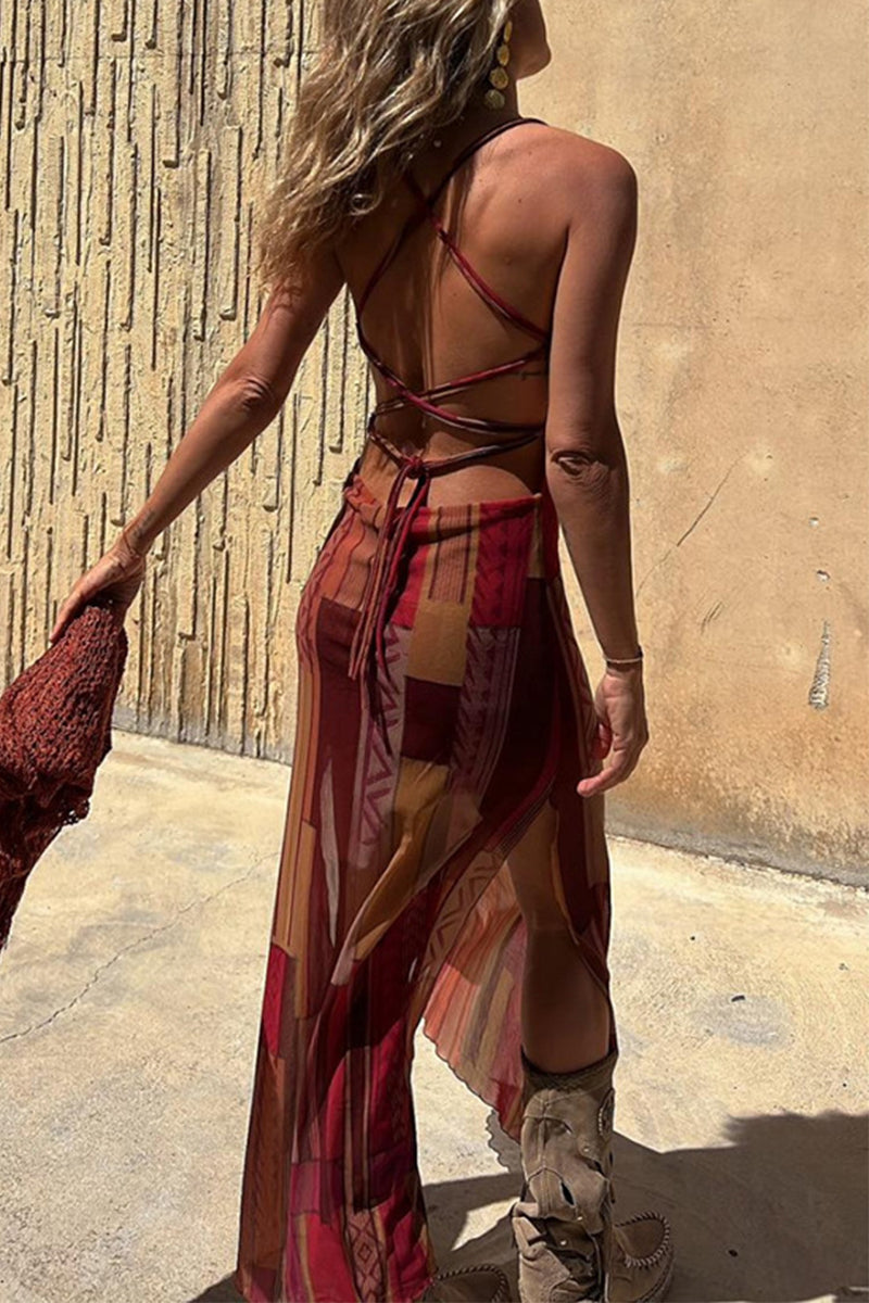 Patchwork Geometric Print Spaghetti Strap Bodycon Maxi Dress