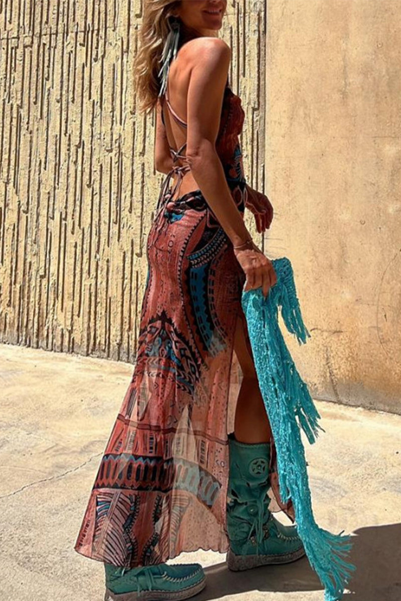 Patchwork Geometric Print Spaghetti Strap Bodycon Maxi Dress
