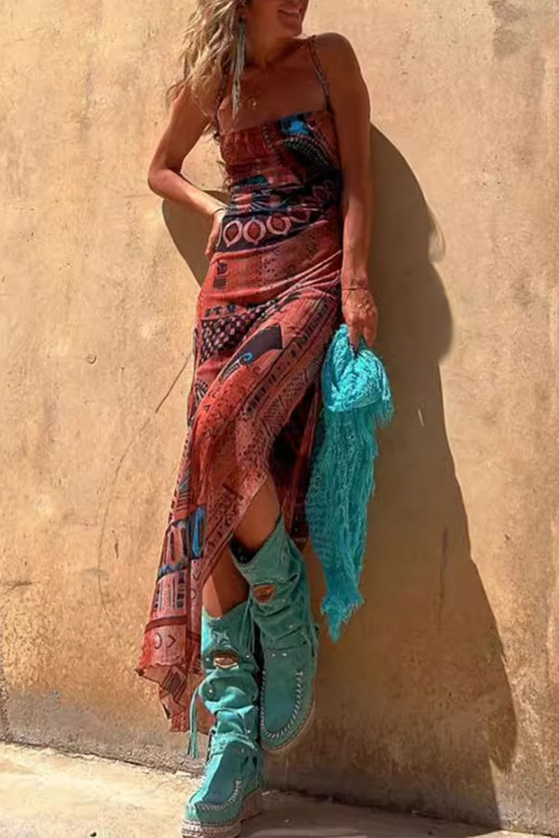 Patchwork Geometric Print Spaghetti Strap Bodycon Maxi Dress
