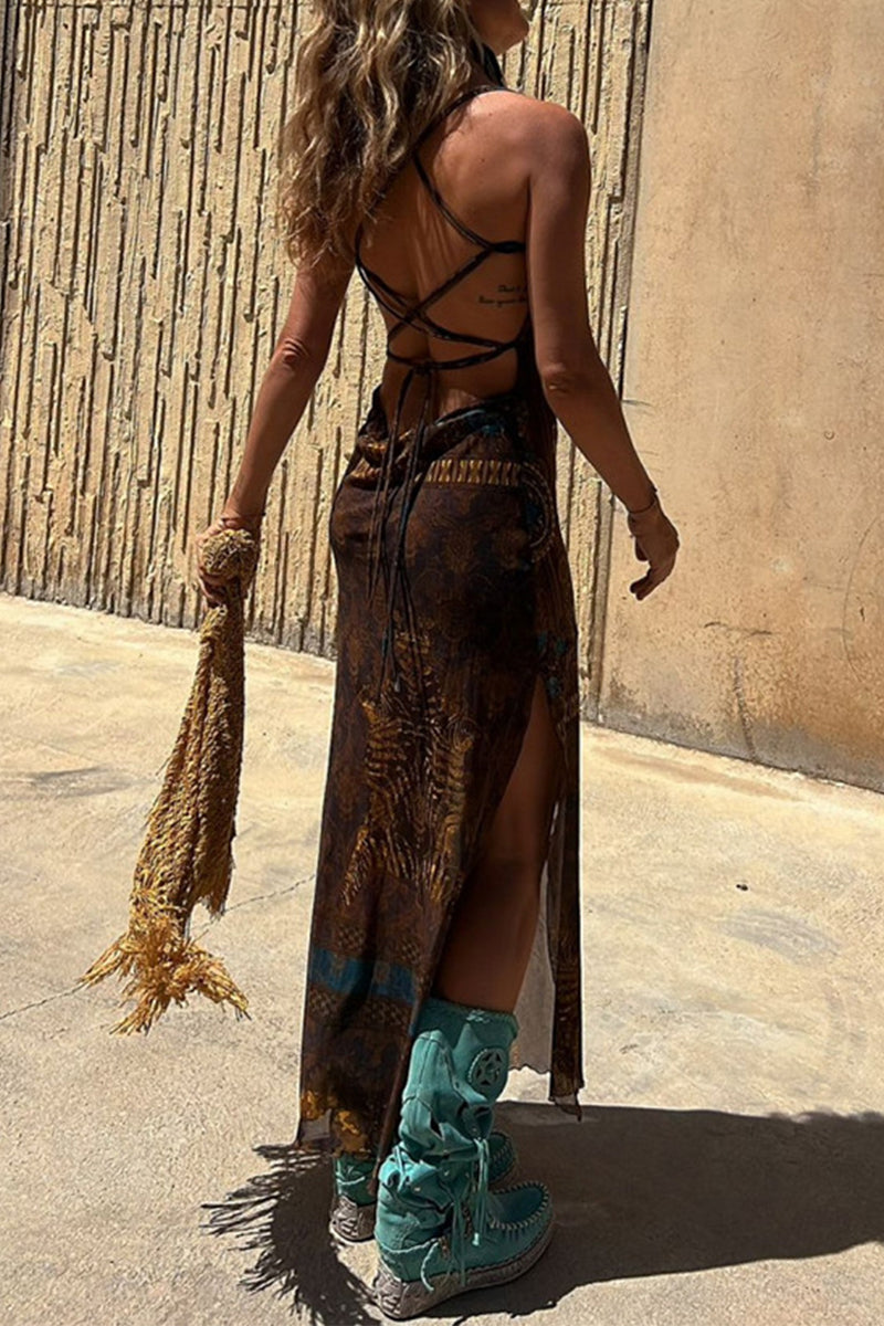 Patchwork Geometric Print Spaghetti Strap Bodycon Maxi Dress