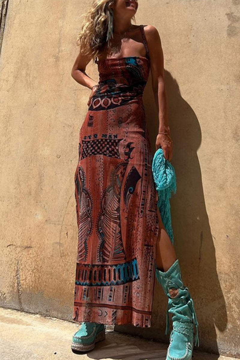 Patchwork Geometric Print Spaghetti Strap Bodycon Maxi Dress