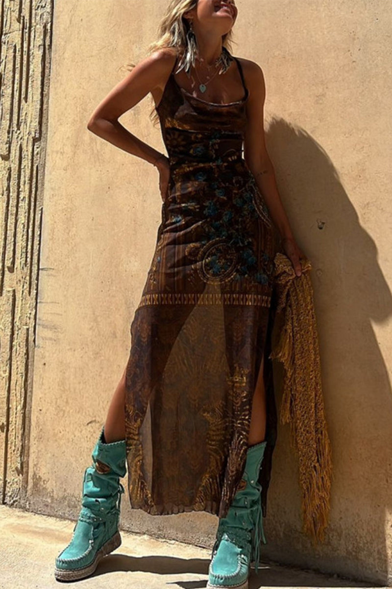 Patchwork Geometric Print Spaghetti Strap Bodycon Maxi Dress