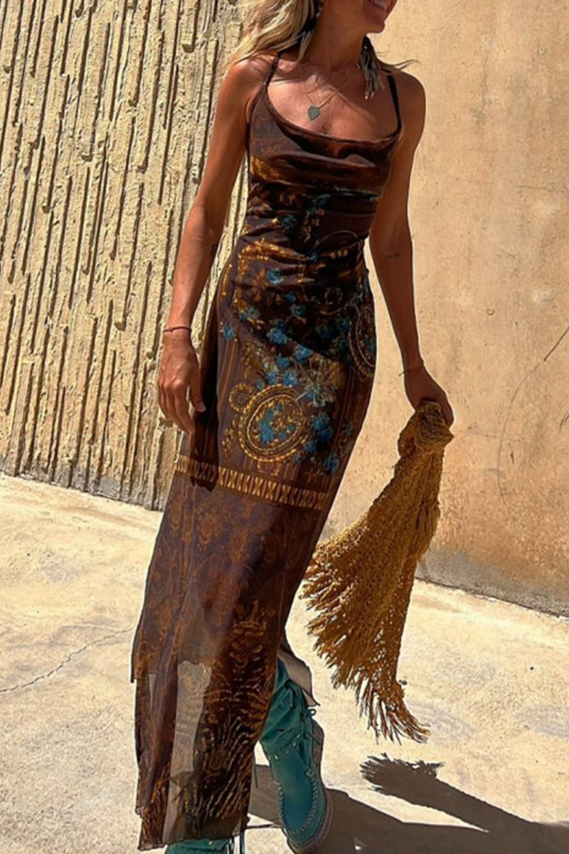 Patchwork Geometric Print Spaghetti Strap Bodycon Maxi Dress