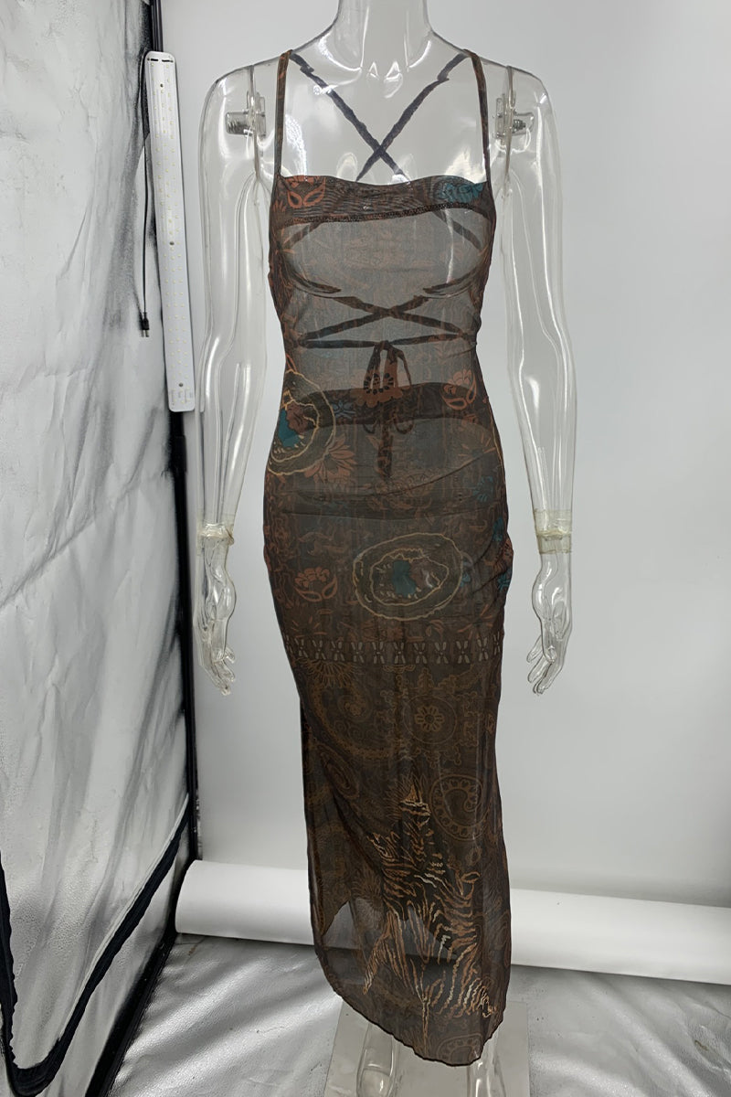 Patchwork Geometric Print Spaghetti Strap Bodycon Maxi Dress