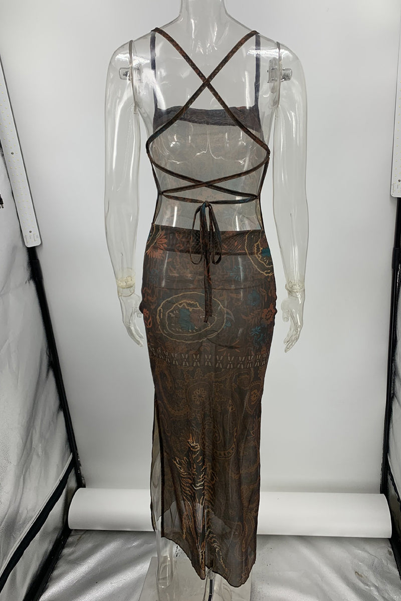 Patchwork Geometric Print Spaghetti Strap Bodycon Maxi Dress
