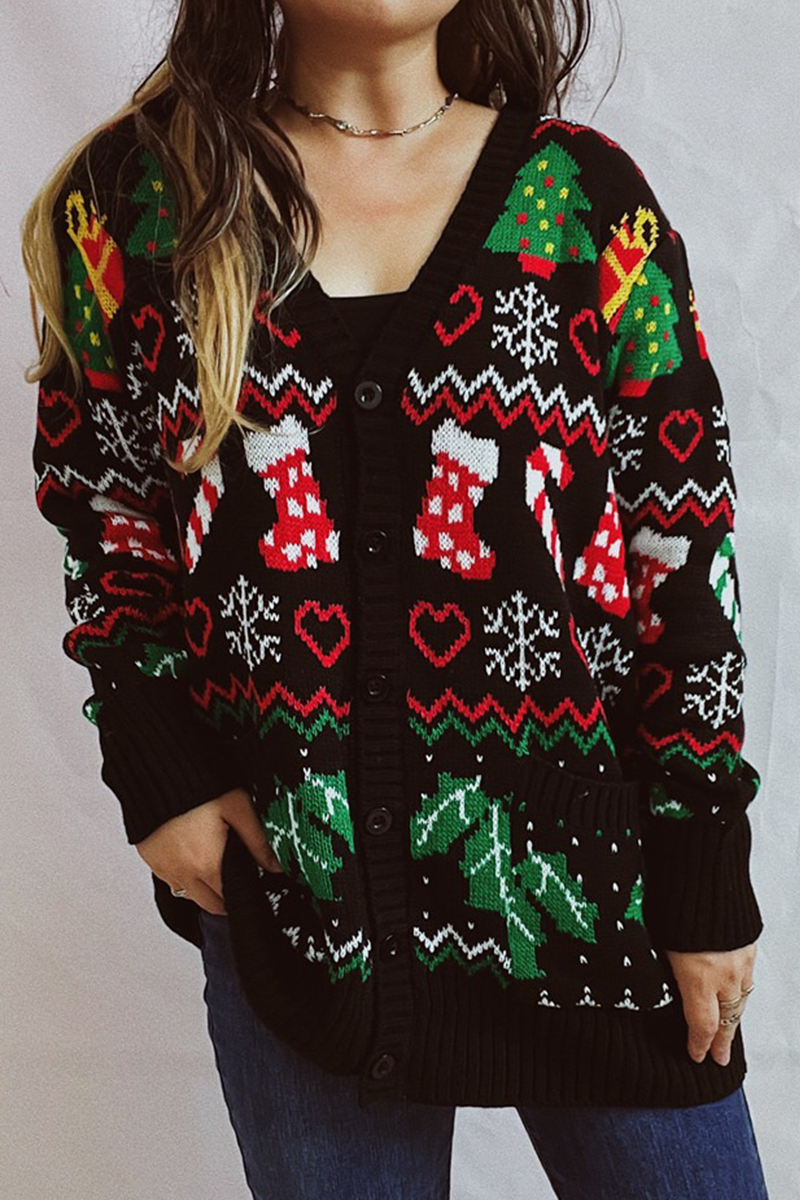 Casual Snowflakes Christmas Tree Buttons Weave Contrast V Neck Outerwear Casual Snowflakes Christmas Tree Buttons Weave Contrast V Neck Outerwear