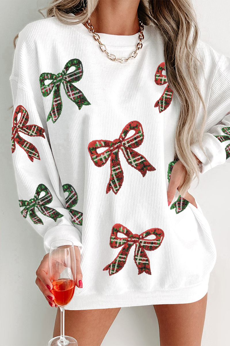 Casual Bow Embroidered Sequins O Neck Sweats Casual Bow Embroidered Sequins O Neck Sweats