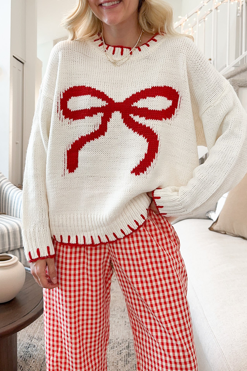 Casual Bow Weave Contrast O Neck Sweaters Casual Bow Weave Contrast O Neck Sweaters