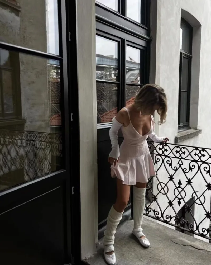 Ootddress Ruffle Knitted Dress For Women Sleeveless V Neck Slim Splice Flower Sundress Ladies Casual Fashion Y2k Solid Dress Woman