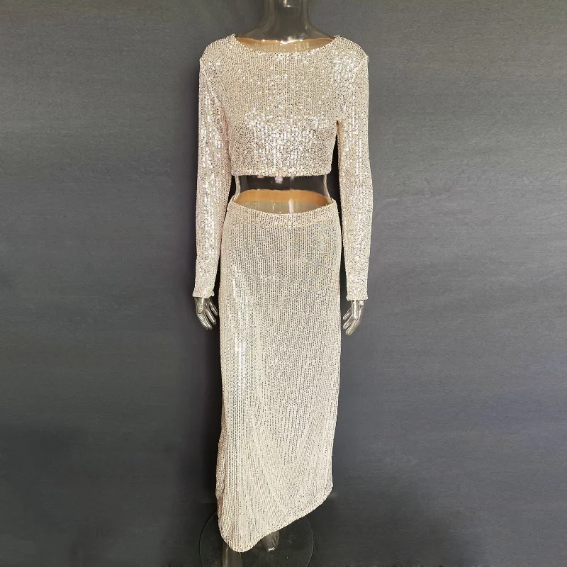Ootddress Sequins Loose Dress Sets Women Long Sleeve Crop Tops High Waist Sexy Maxi Skirts Ladies Two Piece Suits Womens Outifits