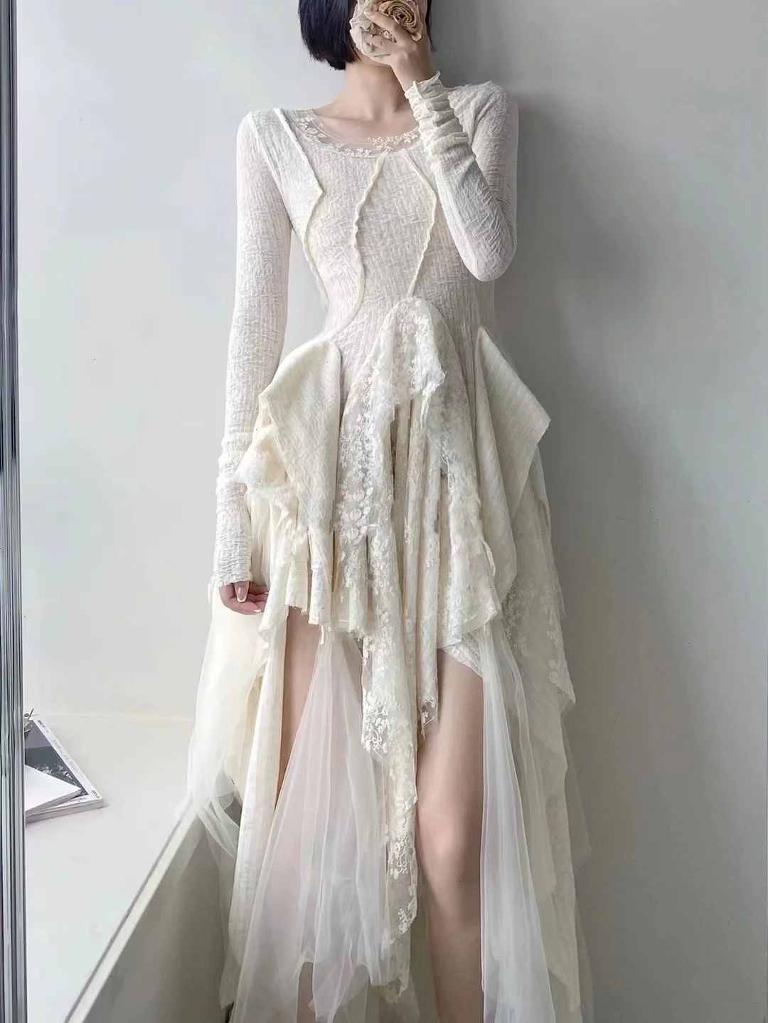 French Vintage Elegant Lace Dress Women 2025 Spring Summer New Irregular Splicing Long Bridesmaid Evening Party Dress Prom Robe