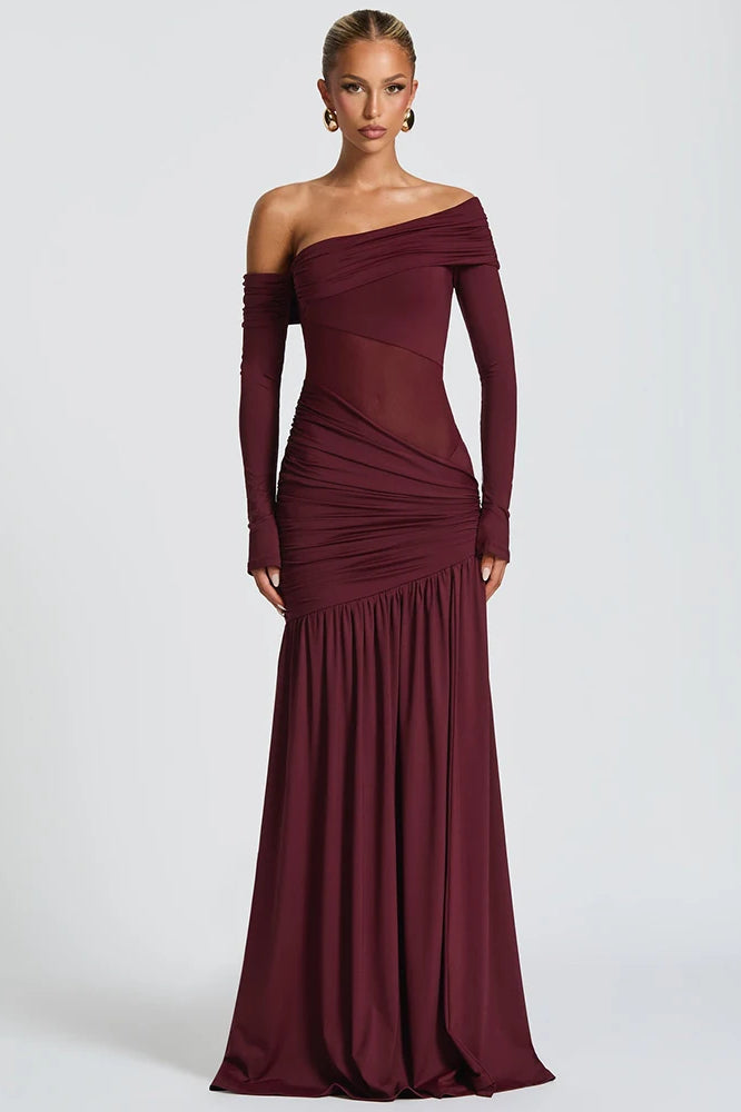 Off Shoulder Long Sleeve Mesh Panel Ruched High Split Maxi Dress